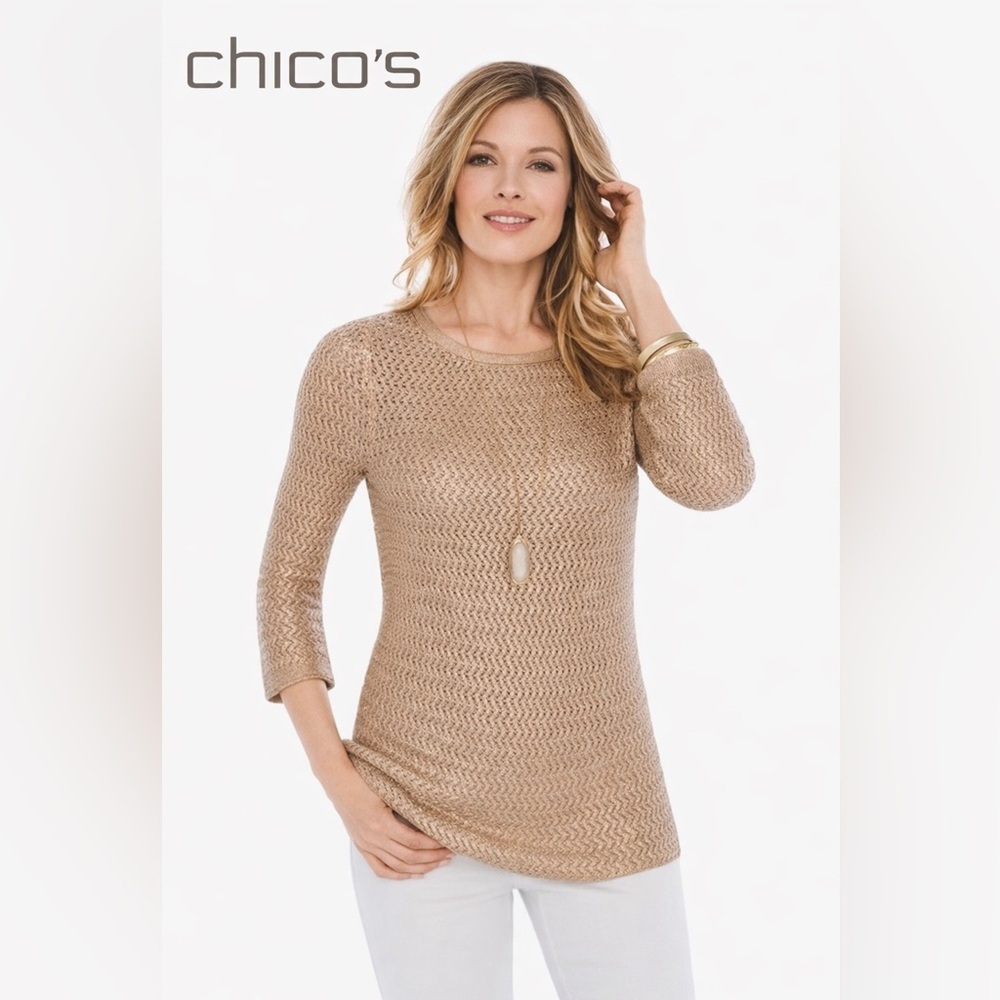 Chicos Metallic Gold Open Knit Sweater 3/4 Sleeve Size 0 Small